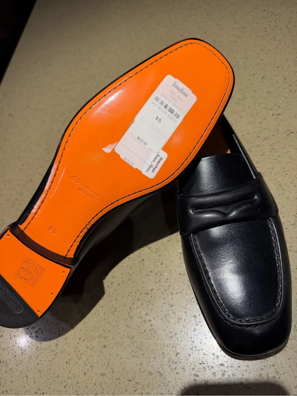 Santoni Men’s Black Leather Loafers Made in Italy Orange Leather Lining /sole